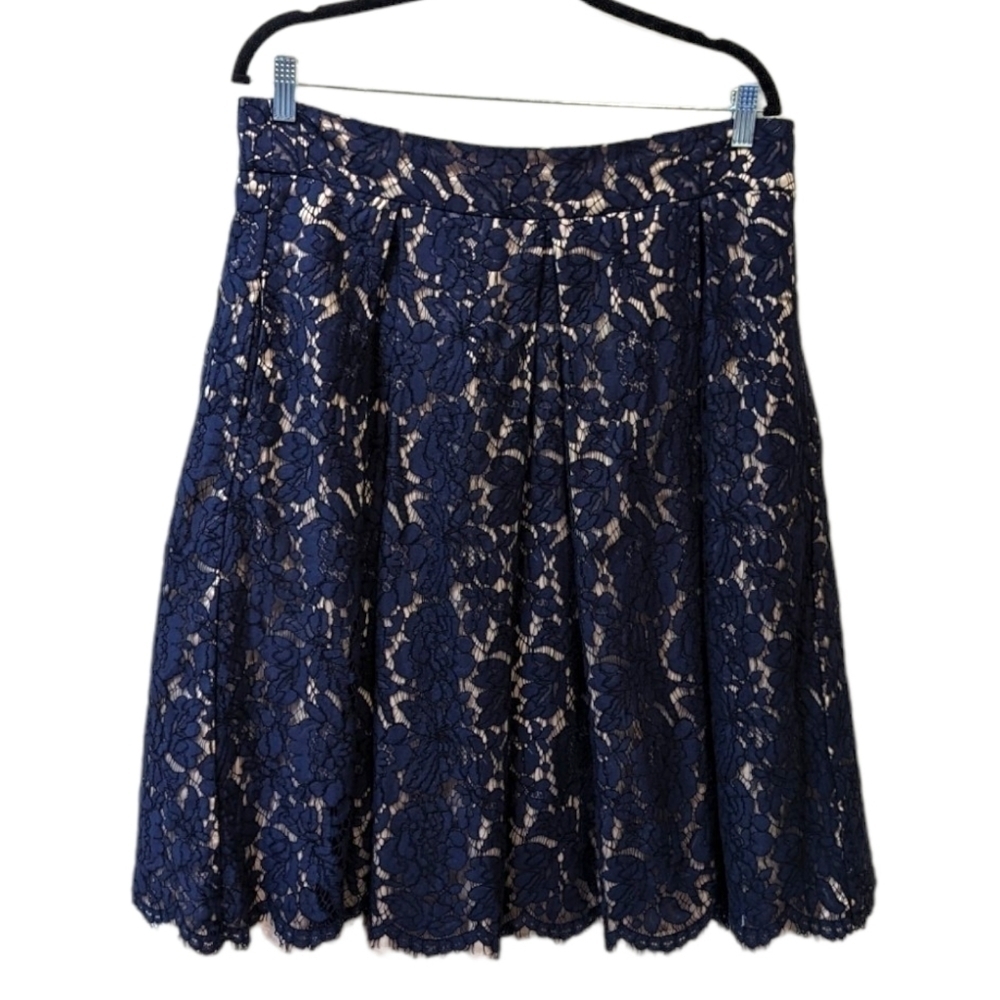 Eliza J Rich Blue Lace Overlay Full Tulle Pleated Midi Skirt (14)